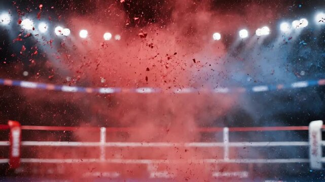An epic clash of red and blue boxing gloves creating a powerful powder explosion in the ring.