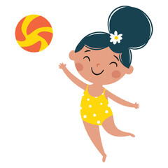 Cute girl playing volleyball in a swimsuit, vector illustration in a simple children's style on a white background . Vector illustration