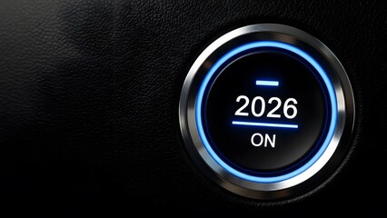 Close-up of Futuristic Glowing Start Button with 2026 On Text for Automotive or Technology Concept