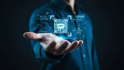 Digital Product Passport Concept with Glowing QR Code Above Human Hand on Futuristic Tech Background