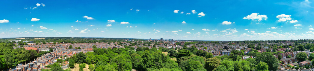 Obraz premium High Angle Ultra Wide Panoramic View of Iconic Buildings at Central Reading London City and Town Centre. Aerial Drone Tour of England United Kingdom. July 11th, 2025
