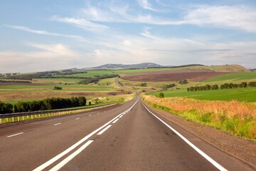 Fototapeta premium Asphalt country road among fields and picturesque nature