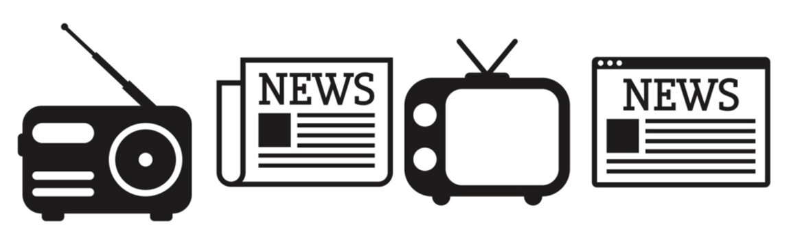 news icons set newspaper tv radio web site black