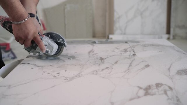 Tiler cutting tiles with angle grinder. The master cuts large ceramic tiles.