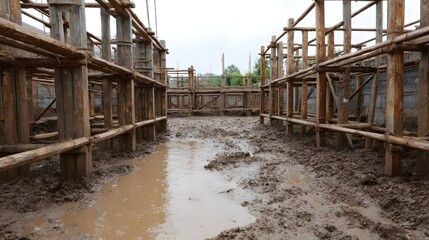Obraz premium Construction site with unfinished wooden formwork and waterlogged muddy ground