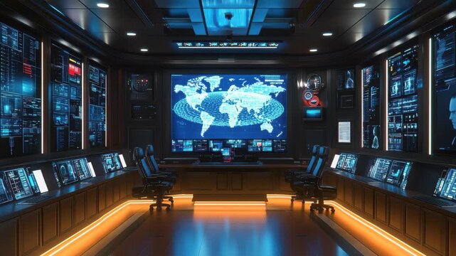 Advanced control room utilized by secret service agents for intelligence operations and coordination, equipped with state-of-the-art technology and surveillance systems