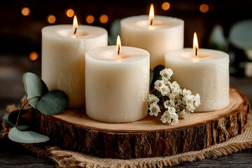 Four white burning candles standing on wooden plate, blurred light background 