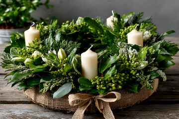 Close up of an advent wreath with white  candles on wooden table