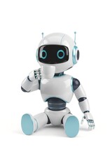 Cute 3D robot character drinking a cup of coffee, concept of AI morning routine and coffee break