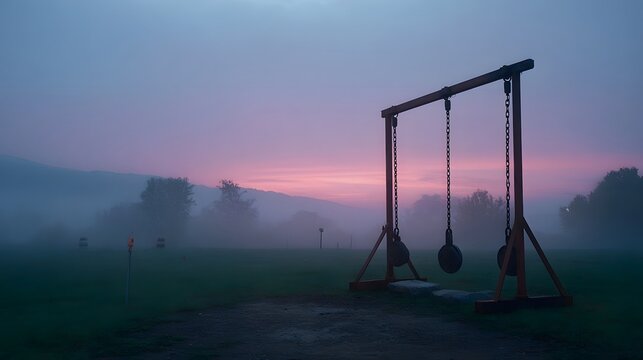 Serene misty dawn landscape with a rustic industrial swing set structure featuring heavy hanging counterweights against a purple and pink sky