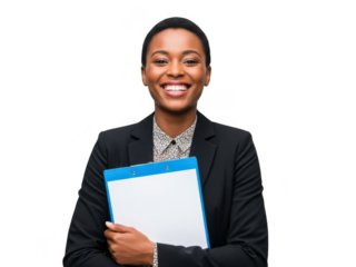 Smiling young african american businesswoman holding clipboard isolated on transparent background with a professional look