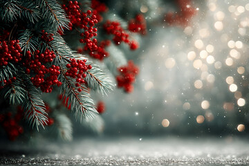 Red berries and Christmas tree, background with fir branches