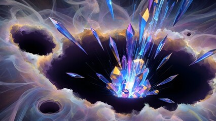 Explosion of colorful crystals in a cosmic void with ethereal clouds abstract fractal art