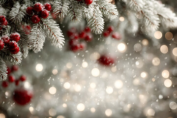 Abstract background with pine tree and red berries,  snowy and blurry light background 
