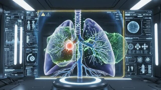 CGI Lungs Illustration with Airway Blockage on Holographic Screen Display in Futuristic Medical Environment for Education and Healthcare