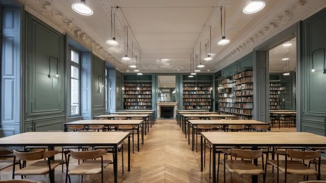 Classic Style Library Interior with Rows of Desks and Bookcases in Blue Green Tones Featuring Herringbone Wood Floors Ornate Ceiling and Natural Light