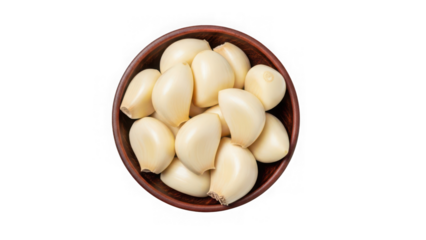 Peeled garlic cloves in a small wooden bowl isolated on transparent background