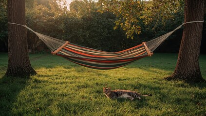 Plakat Empty Striped Hammock Hanging Between Trees at Sunset