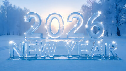 Glowing ice sculpture of 2026 new year in a snowy landscape