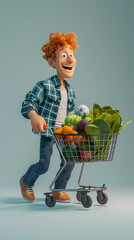 3d Cartoon character of a happy orange-haired holding shopping cart