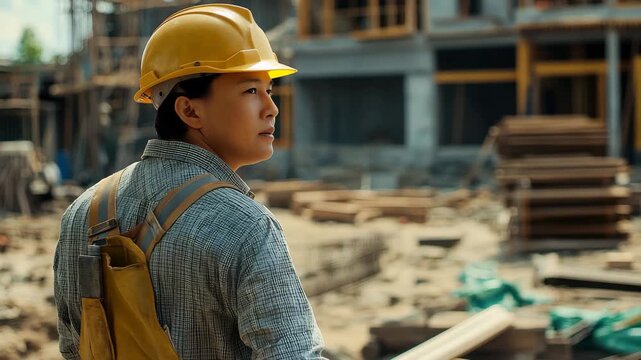 Civil engineer inspector observes construction site progress while ensuring safety and compliance with standards in urban development project