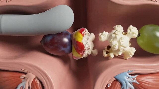 Close-up 3D CGI Anatomical Airway Blockage Demonstration with Various Foods Causing Choking Hazards Educational Medical Visualization