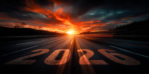 driving on the road to success - 2026 year number on the highway, sunrise in the new year