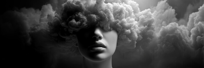 Hyper-Realistic Surreal Portrait of a Young Woman with her Head in the Clouds, Symbolizing Mental Health, Depression, Loneliness, Memory Loss, Dementia and Alzheimer. Generative Ai.