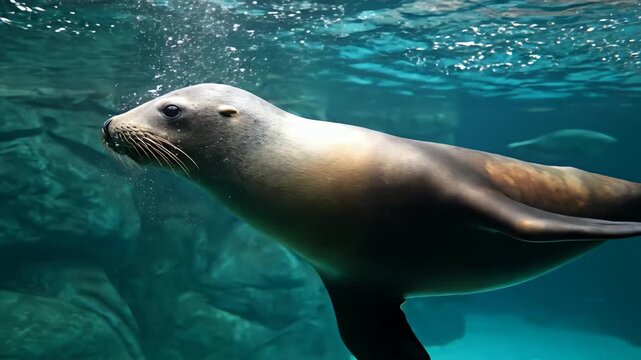 An adorable sea lion swimming gracefully underwater in a large blue water aquarium with bubbles.
