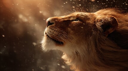 Naklejka premium Majestic lion looking upwards in a dramatic setting.