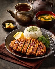 Japanese Style Tonkatsu Pork Cutlet Served with Rice, Miso Soup and Salad, Gourmet Asian Food