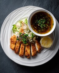 Golden Crispy Tonkatsu Pork Cutlet with Japanese Rice, Miso Soup and Fresh Salad, Traditional Asian Cuisine