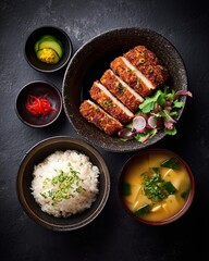 Authentic Japanese Tonkatsu Meal Featuring Breaded Pork Cutlet, Rice, Miso Soup and Fresh Greens
