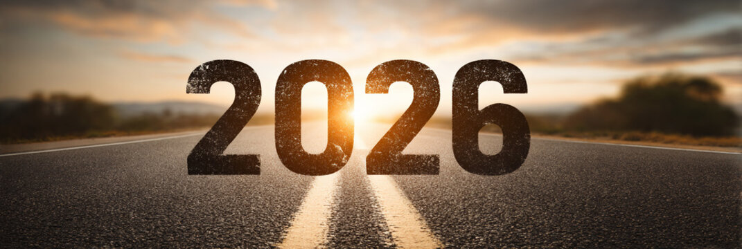 driving on the road to success - 2026 year number on the highway, sunrise in the new year