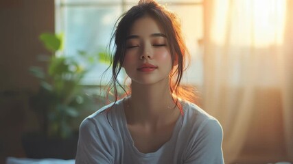 Young Asian woman practicing meditation in a sunlit room during the morning, promoting mindfulness and tranquility