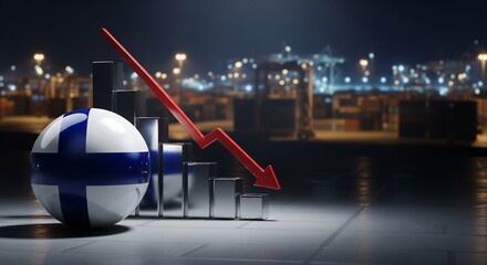 Finnish economy decline with flag globe and falling chart graph