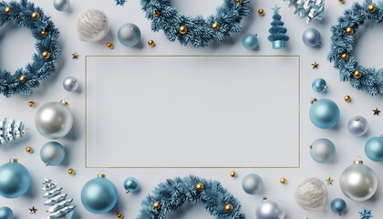 Ice blue, silver and golden Christmas ornaments on white background with space for copy text, flatlay with christmas baubles and xmas tree decoration, golden frame for marketing or website copy space