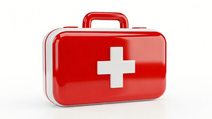 a red and white first aid kit on a white background