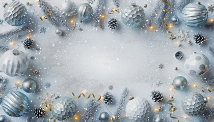 Ice blue, silver and golden Christmas ornaments on white glitter snow background with space for copy text, flatlay with christmas baubles, snowflakes and xmas tree decoration, marketing copy space
