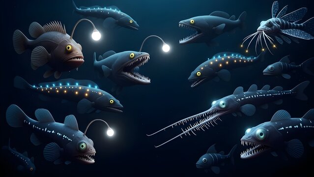 A vibrant underwater scene featuring a glowing jellyfish floating above the seabed, an orange sea anemone with flowing tentacles, and various marine creatures such as frogfish and a blue starfish.