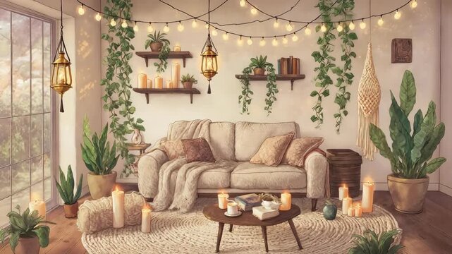 Cozy interior scene with a couch, candles, plants, and string lights, evoking relaxation
