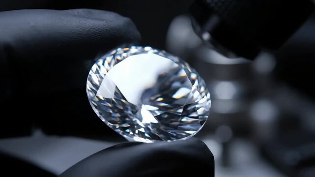 Close up of a large brilliant cut diamond being inspected under magnification