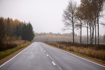 Fototapeta premium Empty Rural Road Through Autumn Landscape in Latvia