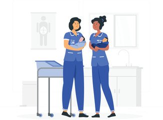 Two nurses holding babies in hospital setting medical healthcare d