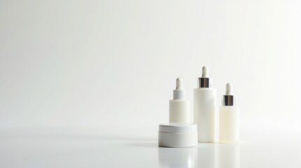 Collection of minimalist white skincare bottles and jars with silver lids on a clean white surface, beauty, cosmetic, luxury, clean ingredients, skin care product 