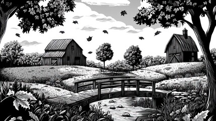 Autumn farm scene, bridge, stream, barns, leaves falling