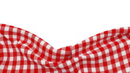 Red and white gingham picnic tablecloth fabric border isolated on transparent background