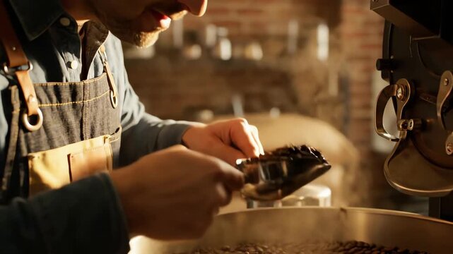Close up of a coffee roaster inspecting freshly roasted coffee beans in a workshop setting