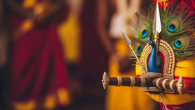Ceremonial Thaipusam setup with peacock figure, spears and kavadi. Tribute to Lord Murugan&rsquo;s devotion.