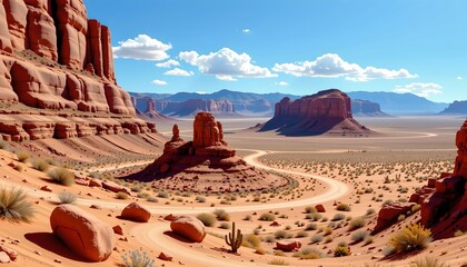 Vast Desert Landscape with Rugged Rock Formations and Distant Mountains